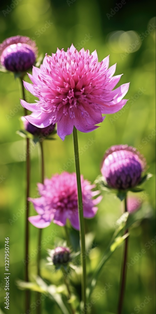 Purple Beauty of Nature: Macro Shot of Many Knautia Flowers in a Wild Garden Bathed in Sunlight Purple Beauty of Nature: Macro Shot of Many Knautia Flowers in a Wild Garden Bathed in Sunlight