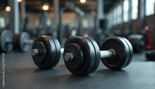 blurred gym interior Metal dumbbells
