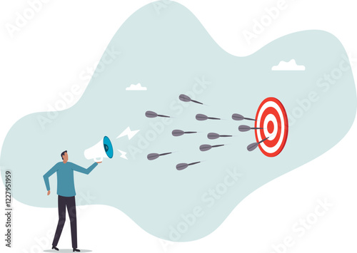 Marketing target strategy, leadership or skill to reach target or achievement, aiming for perfection winning,business concept.flat character.