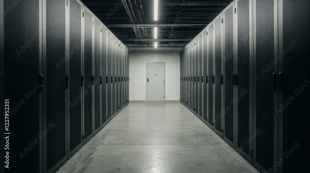 Dark server room corridor with rows of black cabinets and a door at the end. Dark server room corridor with rows of black cabinets and a door at the end.