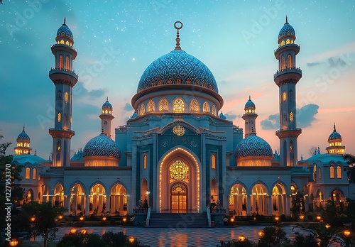 Wallpaper Mural Illuminated Mosque with Blue Domes at Twilight

 Torontodigital.ca