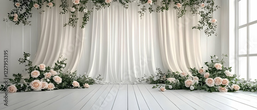 Floral backdrop, room, white floor, event