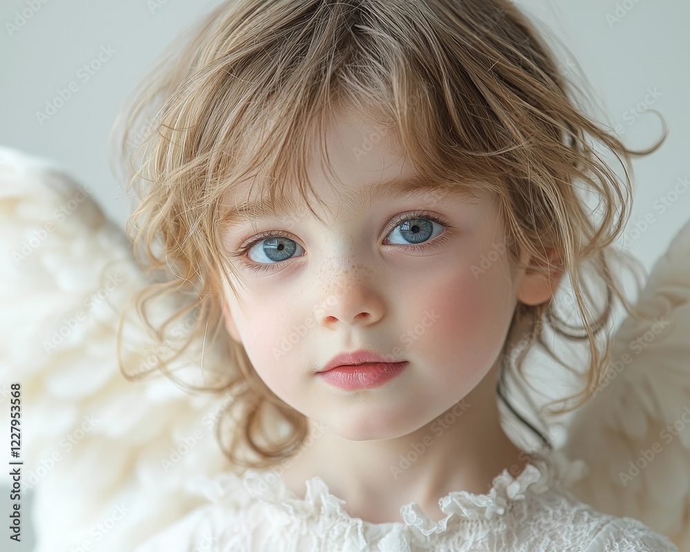 Angelic Child in High Key Portrait with Blended Wings and Radiant White Background Angelic Child in High Key Portrait with Blended Wings and Radiant White Background