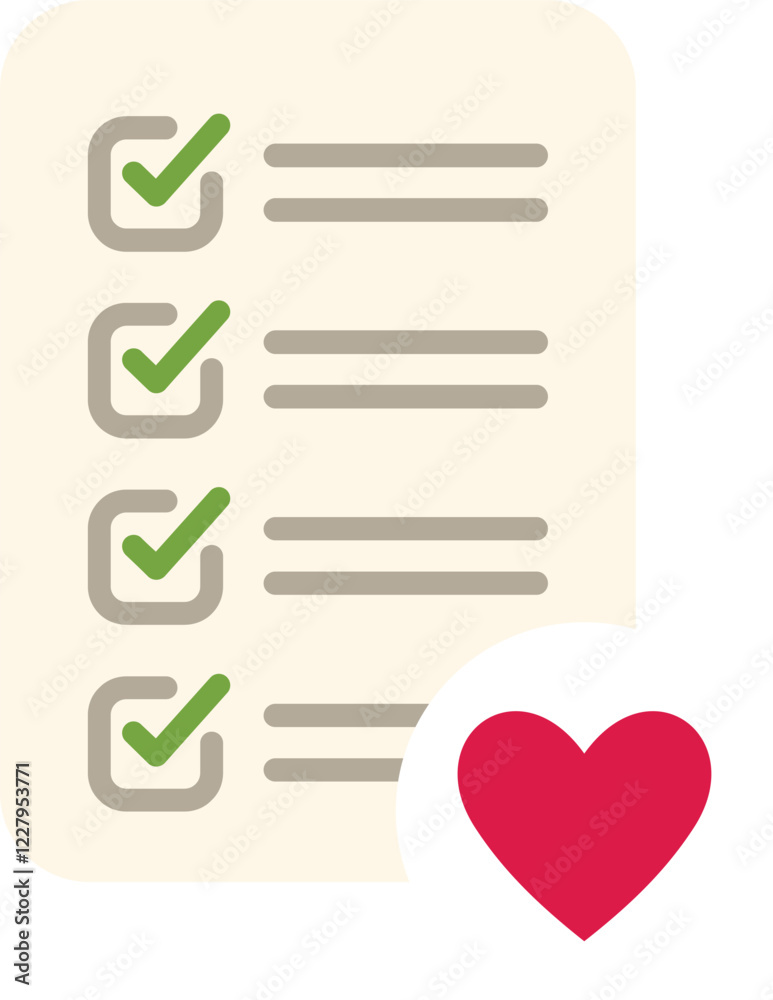 Checklist representing self love concept with checked boxes and a red heart Checklist representing self love concept with checked boxes and a red heart