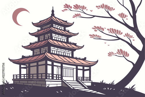 Traditional Chinese pagoda, illuminated at night, watercolor painting style, soft warm glow, ornate architecture, multi-tiered roof, upturned eaves, detailed illustration, tranquil atmosphere, Asian c