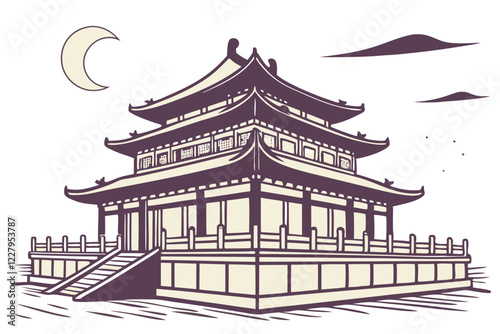 Traditional Chinese pagoda, illuminated at night, watercolor painting style, soft warm glow, ornate architecture, multi-tiered roof, upturned eaves, detailed illustration, tranquil atmosphere, Asian c
