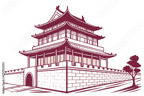 Traditional Chinese pagoda, illuminated at night, watercolor painting style, soft warm glow, ornate architecture, multi-tiered roof, upturned eaves, detailed illustration, tranquil atmosphere, Asian c