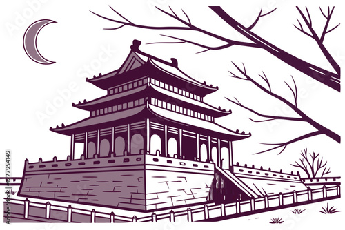 Traditional Chinese pagoda, illuminated at night, watercolor painting style, soft warm glow, ornate architecture, multi-tiered roof, upturned eaves, detailed illustration, tranquil atmosphere, Asian c