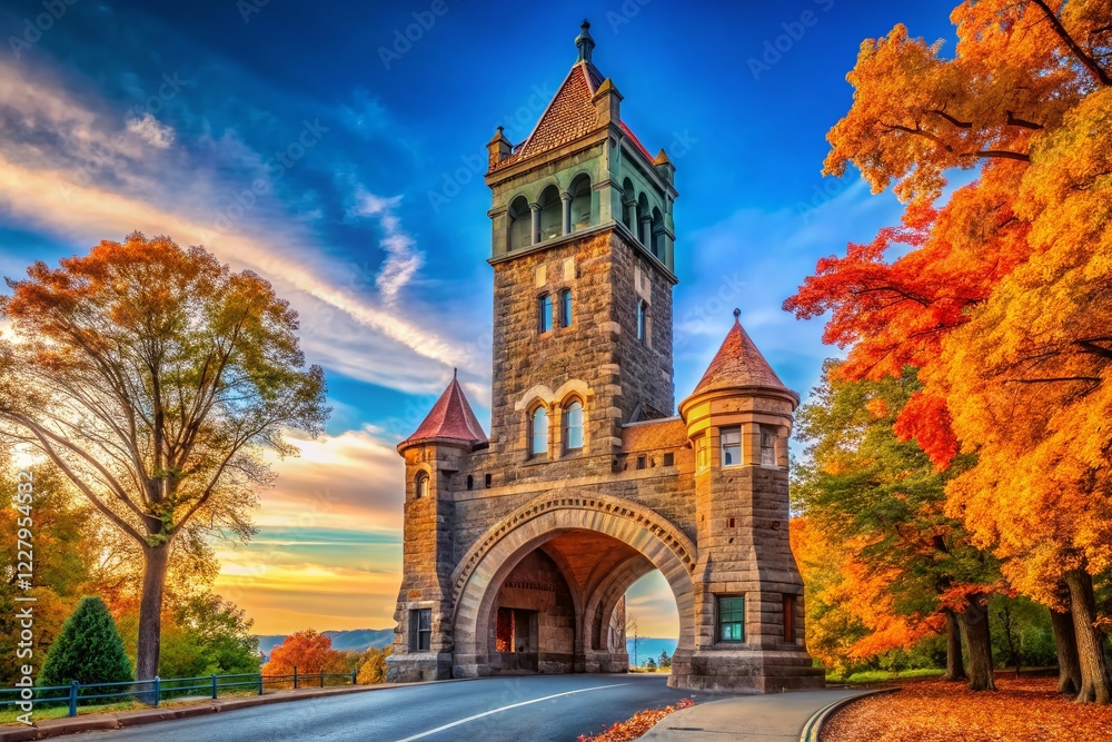 Obraz premium Historic Testimonial Gateway Tower, Mohonk Mountain, New Paltz, NY - Golden Hour Vertical Shot