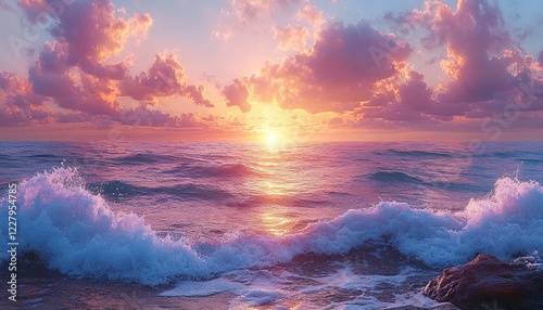 Ocean waves crashing on rocks at vibrant sunset
