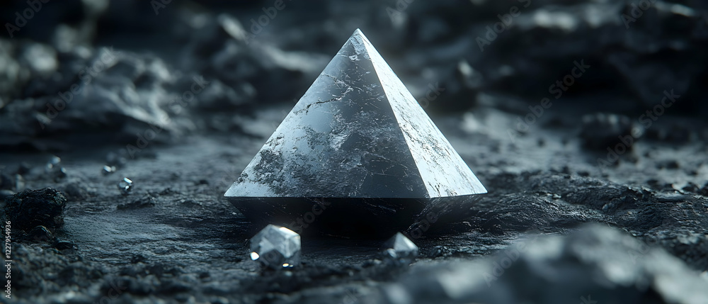 Fototapeta premium Metallic Pyramid on Dark Terrain