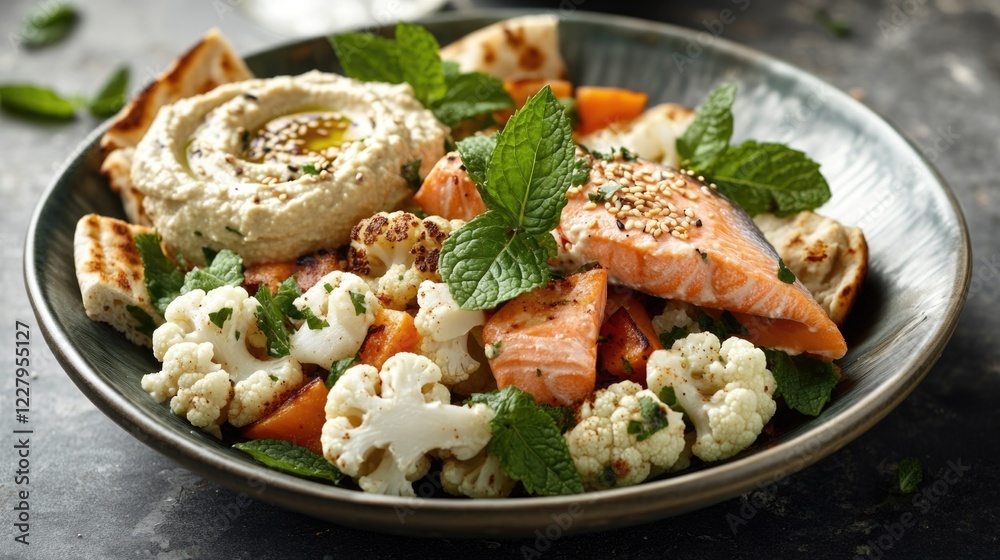 Smoked salmon, fresh vegetables like cauliflower and carrots, served on a bed of flatbread or bread. A healthy and delicious meal option. Smoked salmon, fresh vegetables like cauliflower and carrots, served on a bed of flatbread or bread. A healthy and delicious meal option.