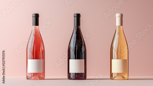 Pink, red, white wine bottles studio shot, blank labels, pastel background, beverage packaging