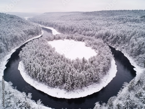 A frozen river meanders through a heavily wooded area in winter. The trees are laden with snow, giving the landscape a serene and picturesque quality. photo