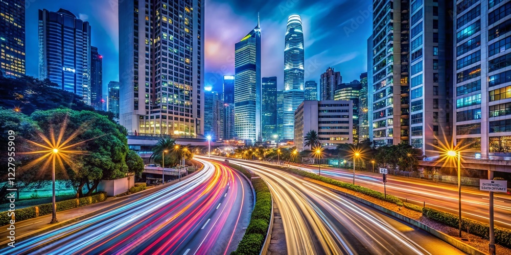 Hong Kong Night Cityscape: Traffic Tail Lights & Urban Glow Hong Kong Night Cityscape: Traffic Tail Lights & Urban Glow