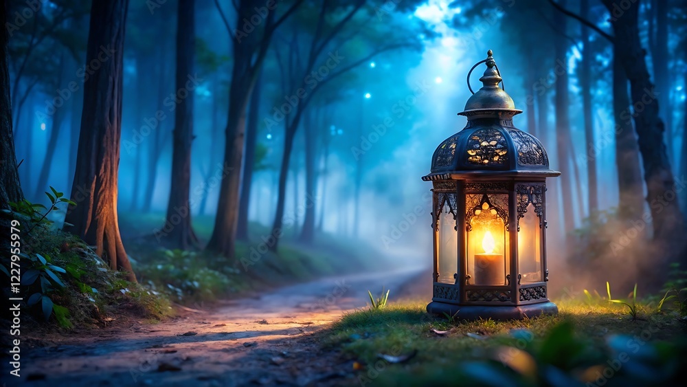 Mystical Lantern Glowing in Blue Misty Forest at Night Mystical Lantern Glowing in Blue Misty Forest at Night