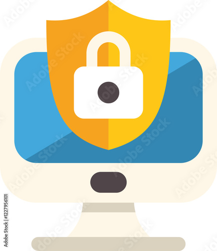 Flat design style icon of a yellow shield protecting a desktop computer from a cyber attack