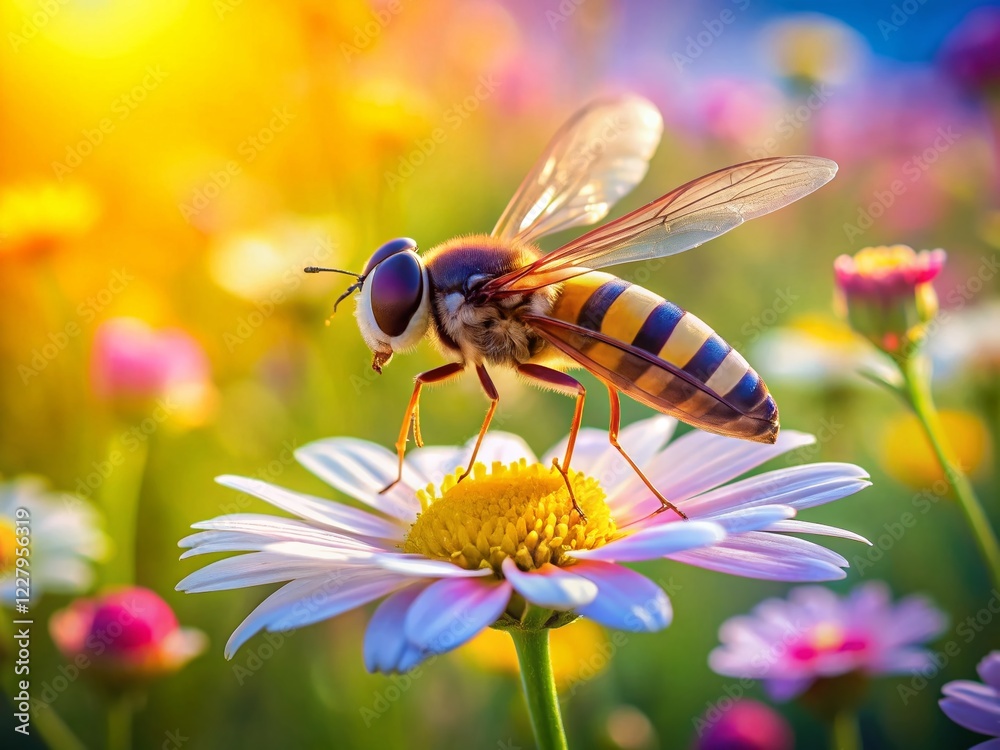 Fototapeta premium Hoverfly on Wildflower - Vibrant Summer Meadow Landscape