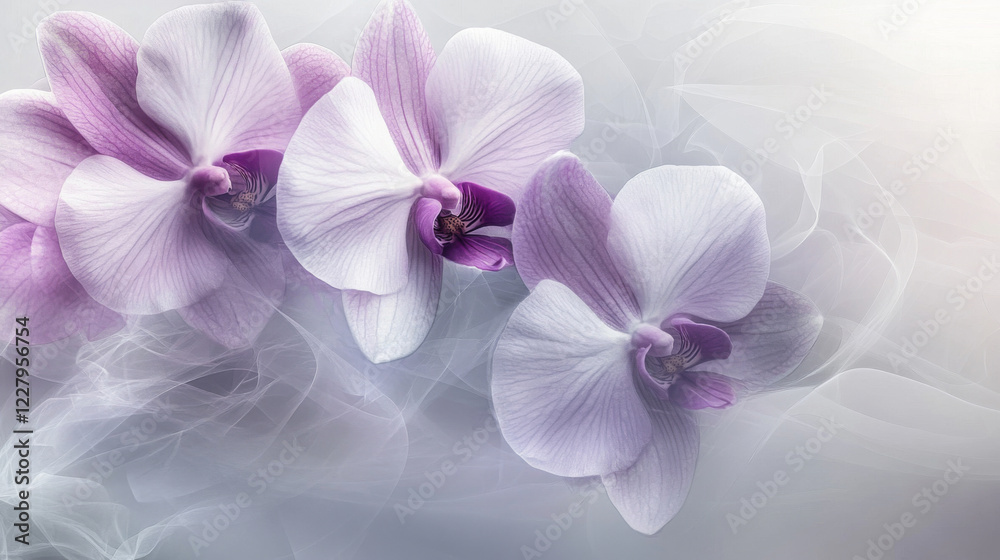 Purple orchid flowers with soft light grey abstract background. Floral digital art for design and decor Purple orchid flowers with soft light grey abstract background. Floral digital art for design and decor