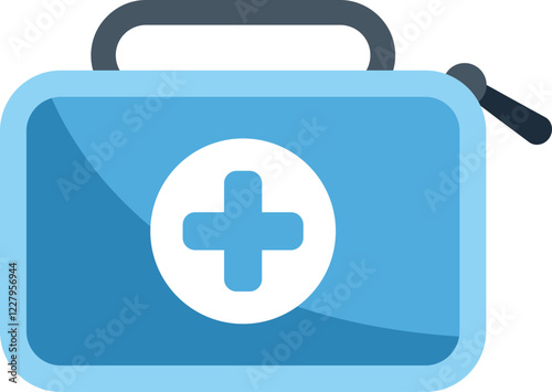 Blue first aid kit closed, showing white cross symbol, for medical emergencies