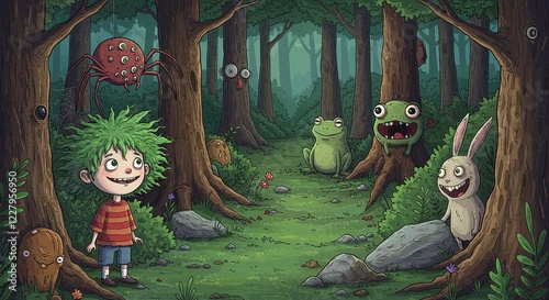 Forest Scene with Cartoon Creatures and Child - Ideal for Children's Book Illustrations.