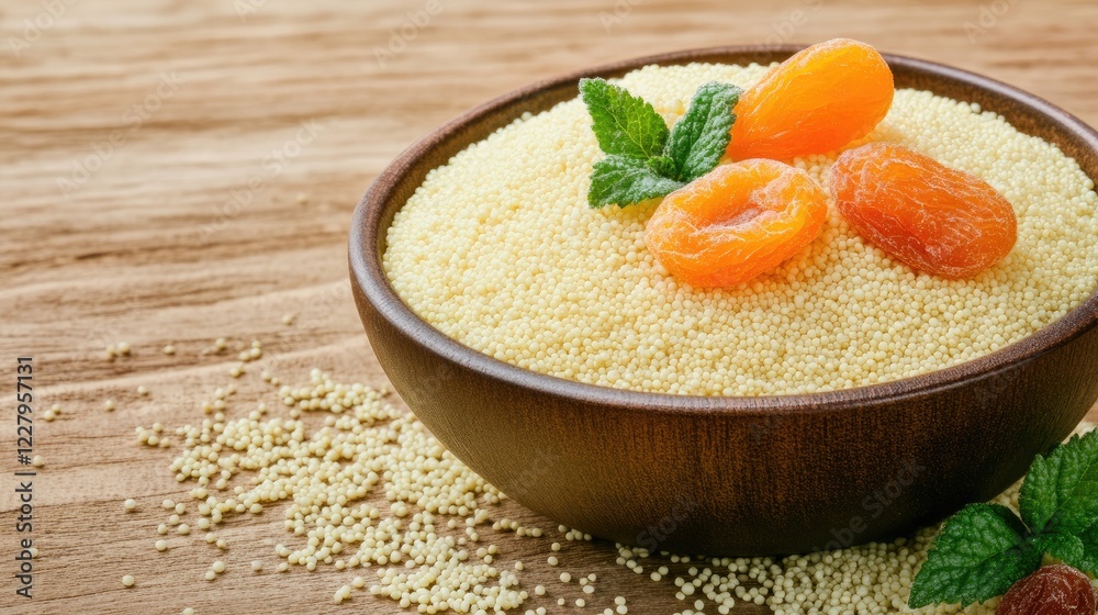 Delicious quinoa bowl topped with dried apricots and walnuts served with cream on a rustic linen napkin against a dark wooden surface. Delicious quinoa bowl topped with dried apricots and walnuts served with cream on a rustic linen napkin against a dark wooden surface.