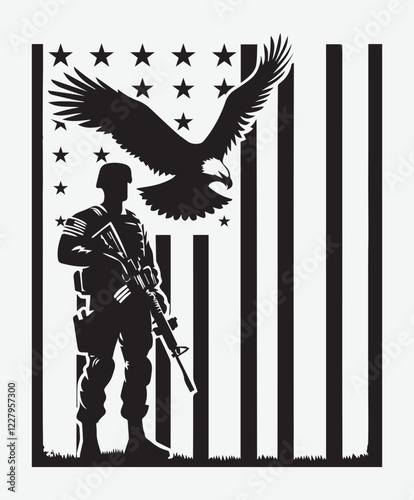 USA Soldier with Eagle Silhouette Military Heroic American Patriot Army Veteran Freedom Symbol Vector Illustration