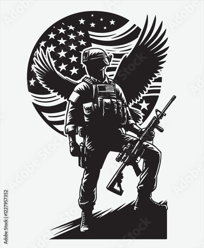 USA Soldier with Eagle Silhouette Military Heroic American Patriot Army Veteran Freedom Symbol Vector Illustration