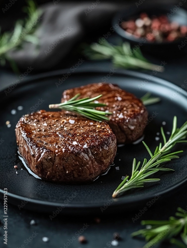 High-Quality Meat on Black Plate with Rosemary High-Quality Meat on Black Plate with Rosemary