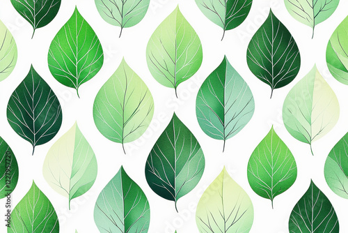 Lively repeating pattern of organic leaf shapes in gradient green shades on a white background