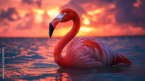 Pink Flamingo at Sunset on Water photo