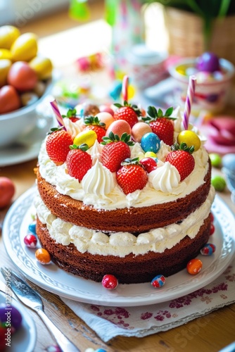 Wallpaper Mural Brightly decorated Easter cake with fresh strawberries and colorful sprinkles on top, ready to be served at a festive celebration. Torontodigital.ca