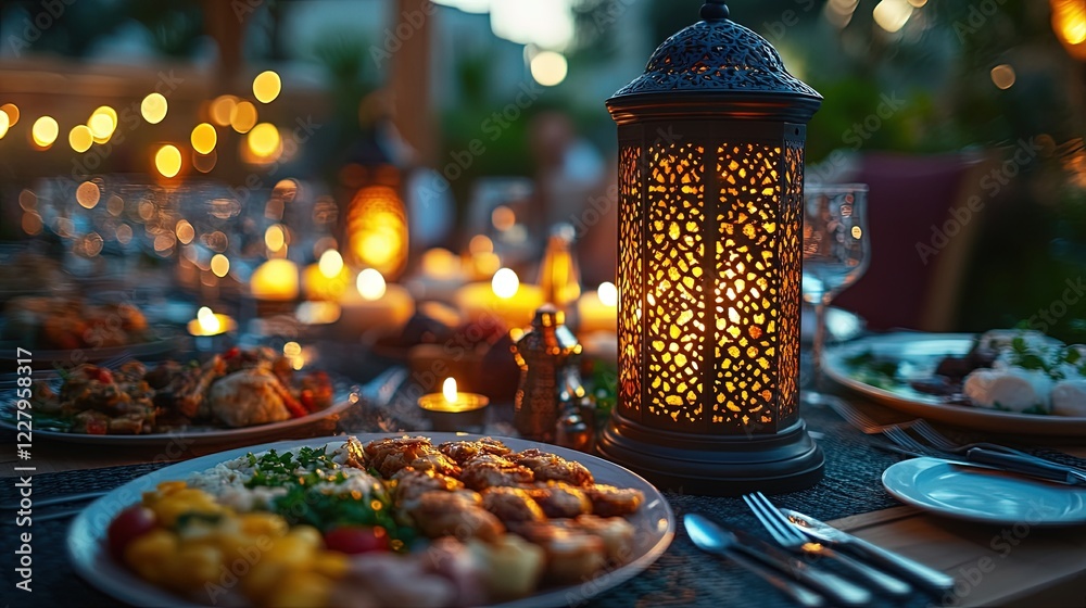 Ornate lantern lights outdoor dinner table with bokeh background at dusk