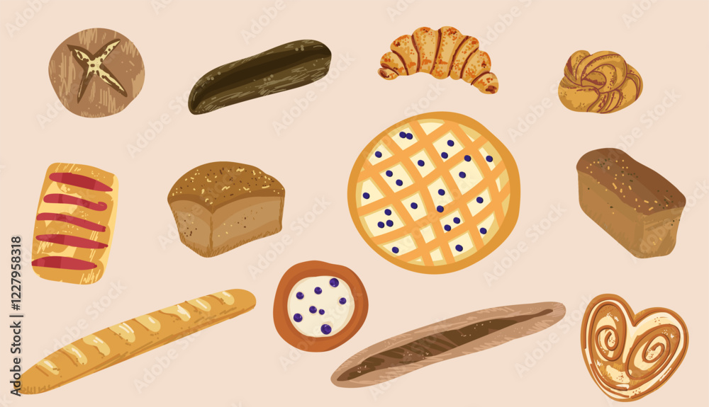Set of breads and baked products of various types, shapes and sizes isolated on white background - loaf, bun, croissant, pretzel. Hand drawn illustration vector. Set of breads and baked products of various types, shapes and sizes isolated on white background - loaf, bun, croissant, pretzel. Hand drawn illustration vector.