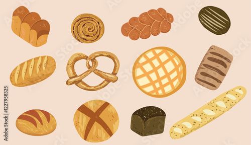 Bundle of breads and homemade baked products of different types, shapes and sizes  - loaf, bun, baguette, toast, pretzel. Hand drawn vector illustration.