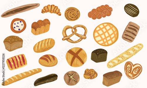 Bundle of breads and homemade baked products of different types, shapes and sizes  - loaf, bun, baguette, toast, muffin, pretzel, waffle. Hand drawn vector illustration.