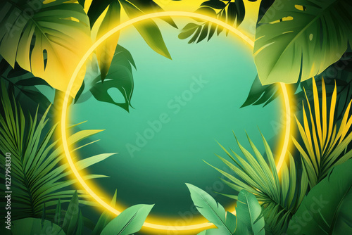 Green Background, Yellow Neon Frame, Plants