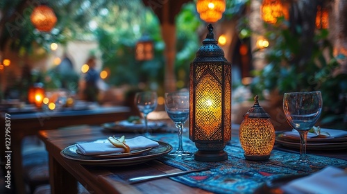 Ornate lantern on set table in cozy outdoor Middle Eastern restaurant at dusk