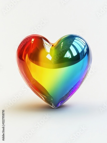 A heart made of rainbow colored glass. The heart is sitting on a white background. The colors of the heart are red, orange, yellow, green, blue, and purple