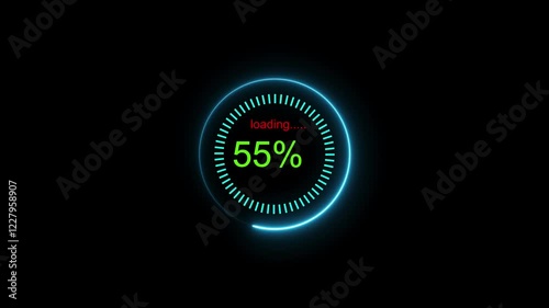 Science Futuristic Loading Circle Ring. Loading  Animation 0-100% in blue science effect. light blue  futuristic circle  animation on black screen.