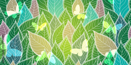 Seamless pattern with hand drawn colorful stylized leaves and butterflies.  Floral organic background. For textile, wallpaper and packaging.