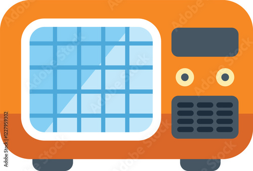 Orange retro style radio receiver playing music with buttons and grid on white background