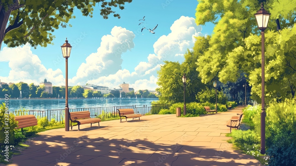 City embankment in summer season. Cartoon vector illustration of seaside promenade with benches, lamps, green plants, birds flying in bright blue sky with fluffy white clouds. Game background design