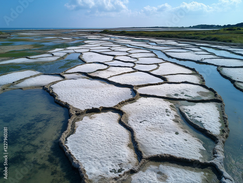 Paysage de marais salants avec croûte de sel et eaux de différentes couleurs, paysages de côtes avec entreprises de paludiers, la tradition de la fleur de sel
