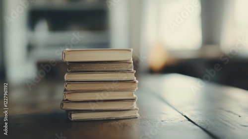 Stack of old books on wooden table.