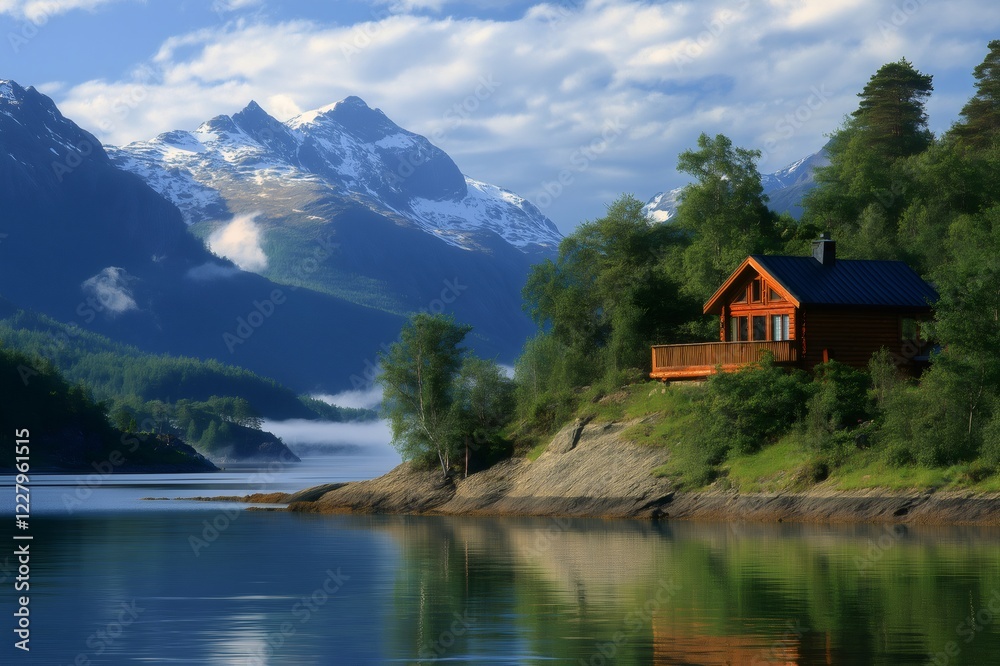 Charming wooden cabin by a fjord reflecting on the calm water with a scenic mountain range in the background, in Norway Charming wooden cabin by a fjord reflecting on the calm water with a scenic mountain range in the background, in Norway