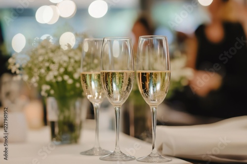 Champagne glasses filled with sparkling wine stand on a table at a corporate anniversary event, creating a celebratory atmosphere photo