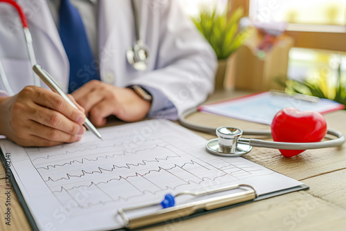 A doctor reviews a patient's heart health on printed paper, surrounded by medical equipment.