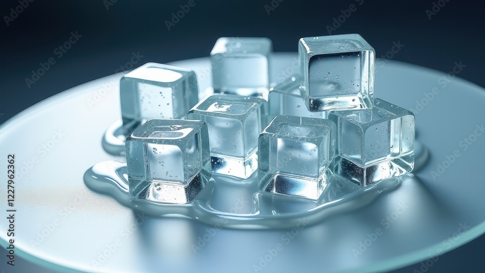 Fresh ice cubes stacked and melting on a reflective glass plate with water droplets Fresh ice cubes stacked and melting on a reflective glass plate with water droplets