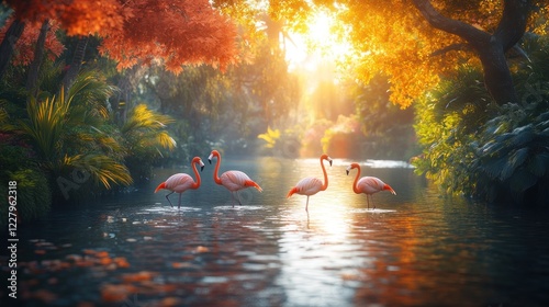 Pink flamingos in autumnal tropical paradise photo